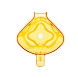 A transparent, yellow-orange plastic object, resembling a 48 oz BPA Free Tritan container, with a diamond-shaped center, symmetrical indented patterns, and a circular hole in the middle. It features a tab at the bottom and a wider top section against a white background.