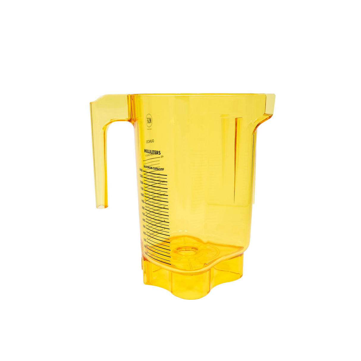 A translucent yellow 48 oz BPA Free Tritan container blender jar with a wide handle on the left and measurement markings on the front. The angular base is designed to fit onto a blender unit. The jar is empty and set against a white background.