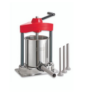 A stainless steel Sausage Stuffer Machine with a red top and hand crank is shown upright. Three metal stuffing tubes of varying diameters are placed beside it. This device, made in Germany, features a sturdy flat base and 15 lbs capacity for sausage making.