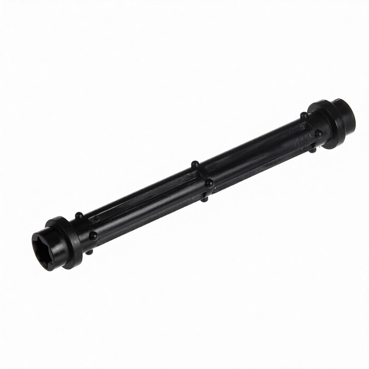 A black cylindrical plastic shaft with flanges and bolt details at both ends, featuring a ribbed surface and hexagonal openings at each tip—ideal as a Zumex Pulp Out System Shaft for commercial juicing equipment, isolated on a plain white background.