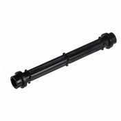 A black cylindrical plastic shaft with flanges and bolt details at both ends, featuring a ribbed surface and hexagonal openings at each tip—ideal as a Zumex Pulp Out System Shaft for commercial juicing equipment, isolated on a plain white background.