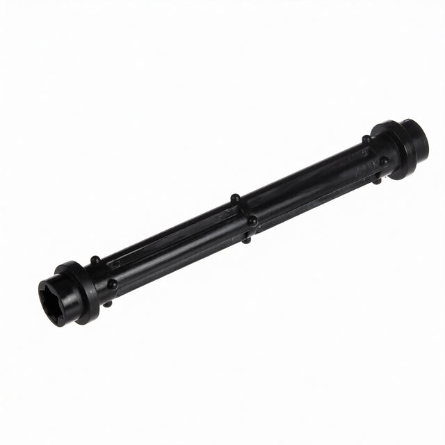 A black cylindrical plastic shaft with flanges and bolt details at both ends, featuring a ribbed surface and hexagonal openings at each tip—ideal as a Zumex Pulp Out System Shaft for commercial juicing equipment, isolated on a plain white background.