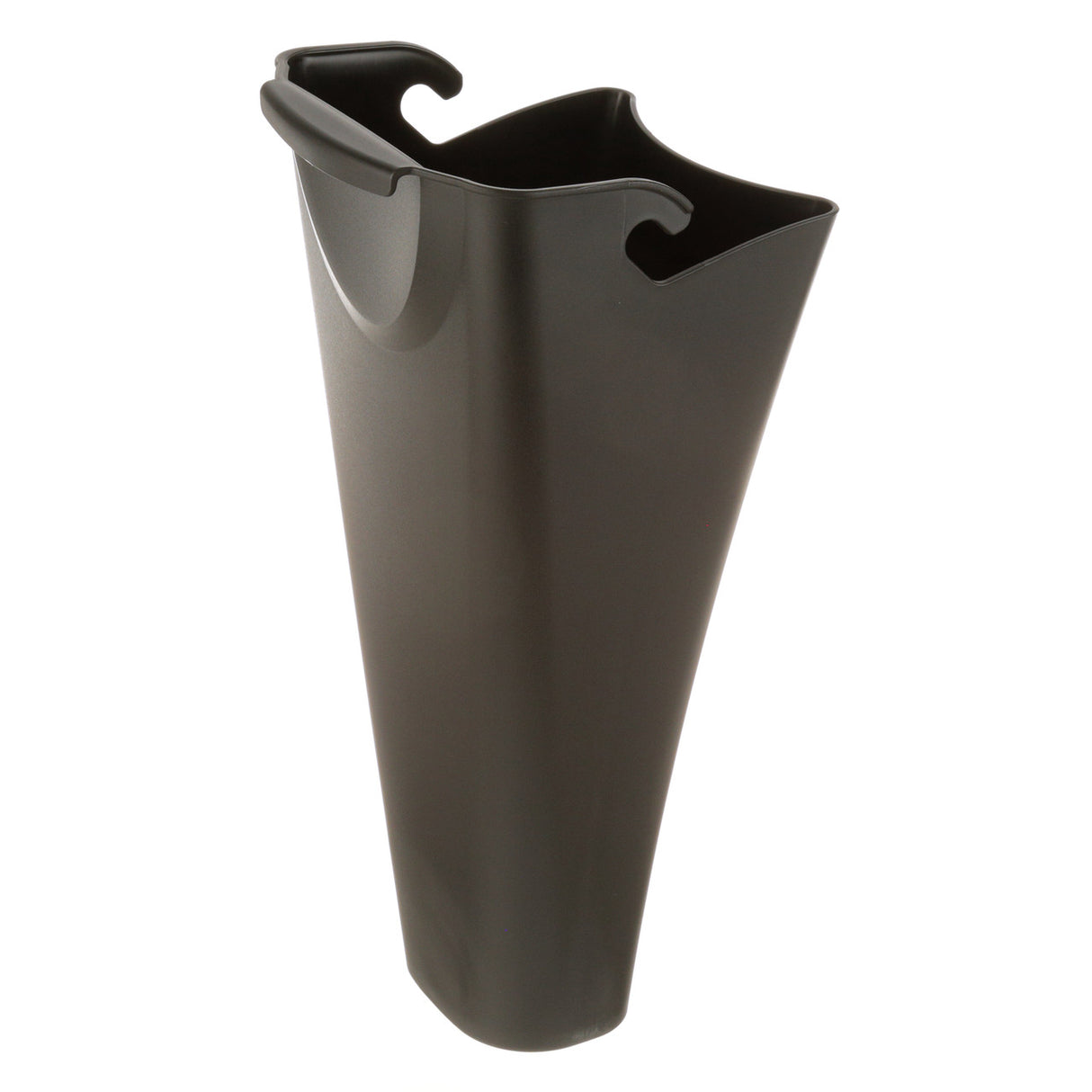 A black, tall, tapered plastic container with a curved rim and hooks near the top, designed to hang on an edge or railing—ideal as a pulp chute replacement for the Wjx80 Juice Extractor. The surface is smooth, matte, lightweight, and functional.