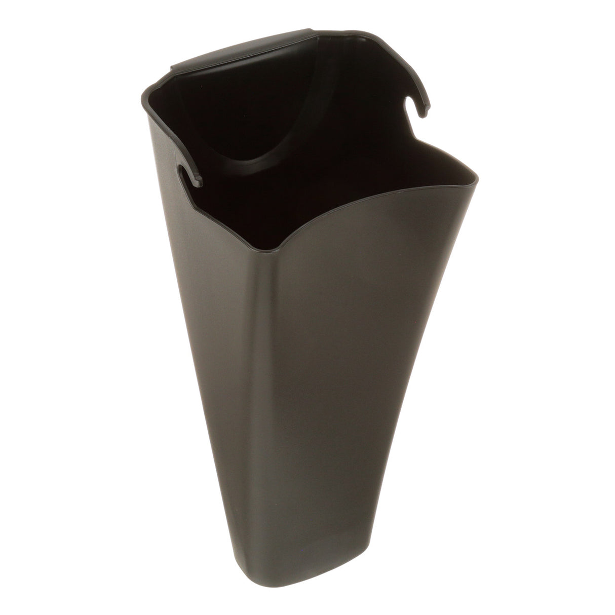 A tall, black, plastic car trash can with a wide, curved opening at the top and slightly tapered sides—much like a pulp chute on a Wjx80 Juice Extractor. Two small hooks near the rim allow easy attachment to a car door or seat pocket. The surface is smooth and matte.