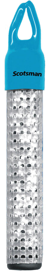 A cylindrical Scotsman-branded water filter, resembling a bullet, with a blue plastic cap, looped handle on top, and silver mesh body. The mesh section is perforated with square holes, revealing the filtering material inside.