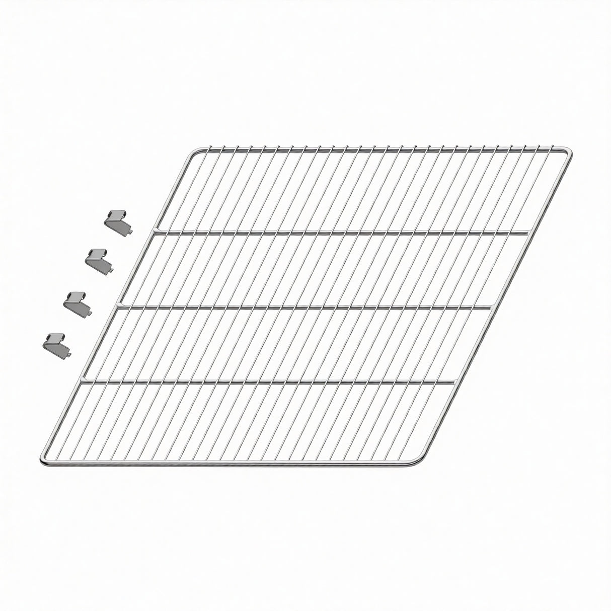 A rectangular metal oven rack, compatible as an Arctic Air shelf kit or prep table shelf, features closely spaced bars and is shown angled on a white background. Four small, L-shaped metal clips are arranged separately to the left of the rack.