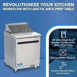 An Arctic Air AST28R sandwich prep table with a closed lid stands on wheels. Features include a 29 wide single door for sandwich or salad prep, spacious 6.5 cu ft capacity, and exterior stainless steel—set on blue with white accents.