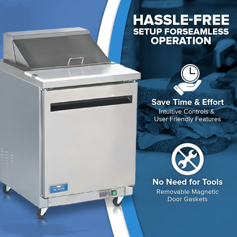 A stainless steel sandwich prep table with a closed lid and casters is shown on the left. On the right, text highlights Hassle-Free Setup for Seamless Operation—save time and enjoy tool-free maintenance—over a blue graphic background.