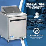 A stainless steel sandwich prep table with a closed lid and casters is shown on the left. On the right, text highlights Hassle-Free Setup for Seamless Operation—save time and enjoy tool-free maintenance—over a blue graphic background.