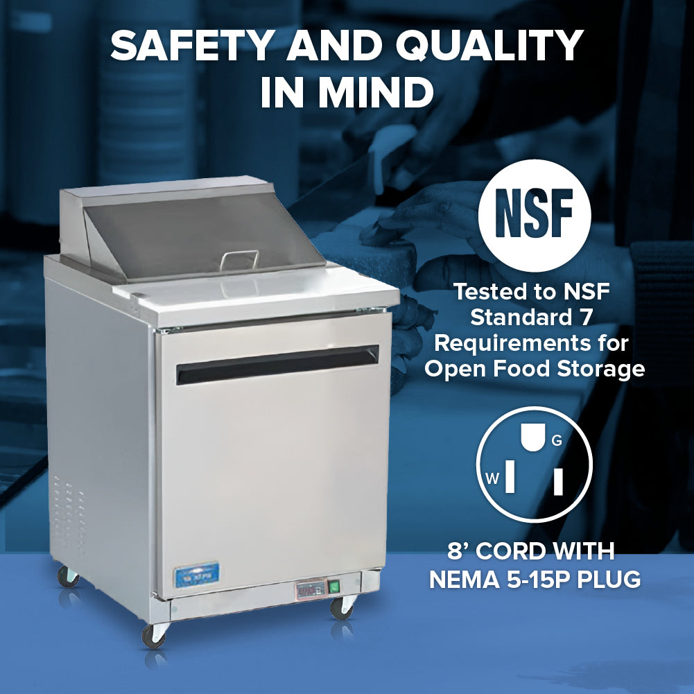 A commercial stainless steel sandwich prep table on wheels is shown, meeting NSF Standard 7 for open food storage. Also known as the Arctic Air AST28R, it features an 8-foot cord with a NEMA 5-15P plug and a gloved hand in the background.