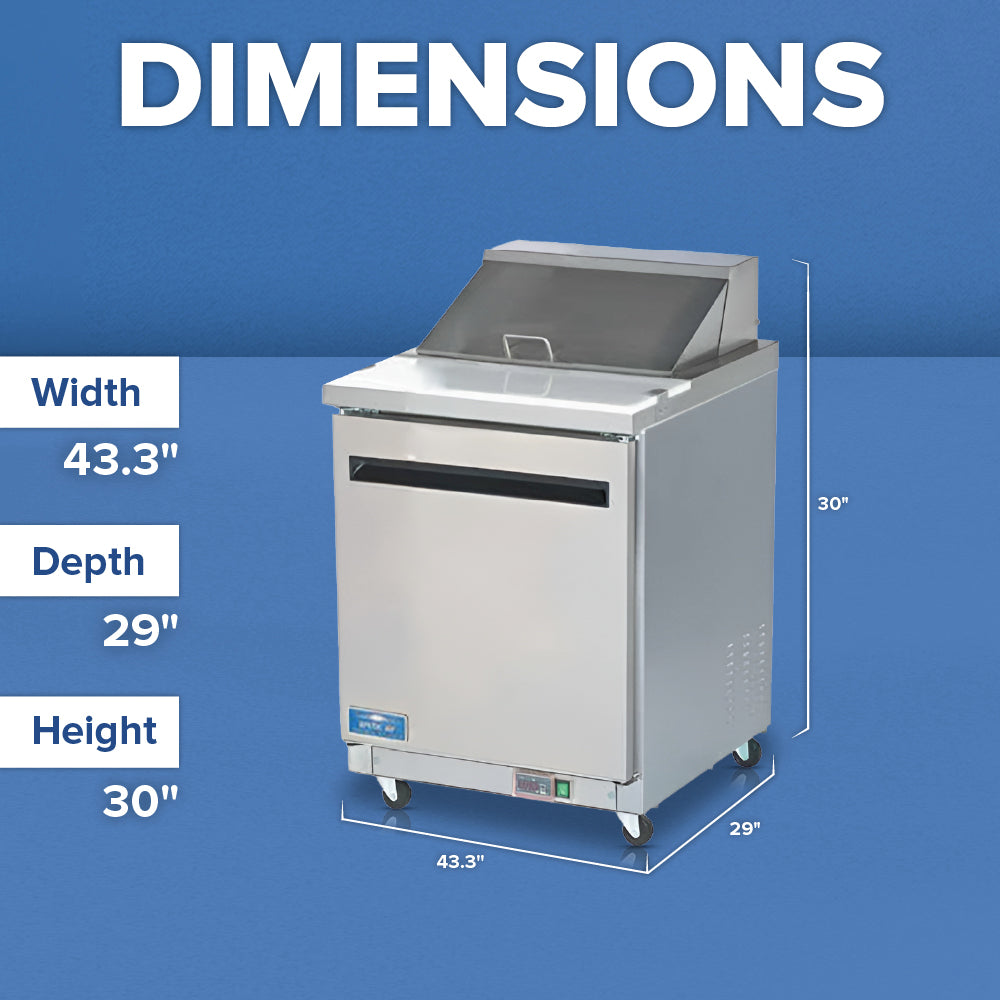 A stainless steel Arctic Air AST28R salad prep table is shown on casters against a blue background. Text labels indicate its dimensions: width 43.3 inches, depth 29 inches, height 30 inches. The word DIMENSIONS appears above the unit in large white letters.