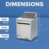A stainless steel Arctic Air AST28R salad prep table is shown on casters against a blue background. Text labels indicate its dimensions: width 43.3 inches, depth 29 inches, height 30 inches. The word DIMENSIONS appears above the unit in large white letters.