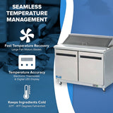 A commercial stainless steel refrigerator, like the Arctic Air AST48R sandwich prep table, is shown on the right. To the left, icons and text highlight fast temperature recovery, precise LED display, and a 33°F–41°F cooling range. Chef slicing food on blue background.