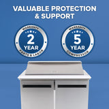 A stainless steel salad prep table with two doors sits beneath circular warranty badges. The left reads “2 Year Warranty Parts & Labor,” the right “5 Year Warranty Compressor.” Above, bold text says “Valuable Protection & Support” on a blue background.
