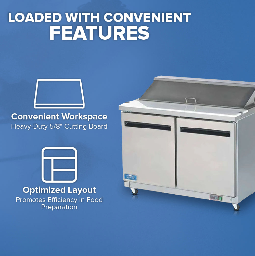 A stainless steel salad prep table with two doors, a lift-up lid, and a built-in cutting board is shown on a blue background. Text highlights a “Convenient Workspace” and “Optimized Layout” for efficient food preparation.