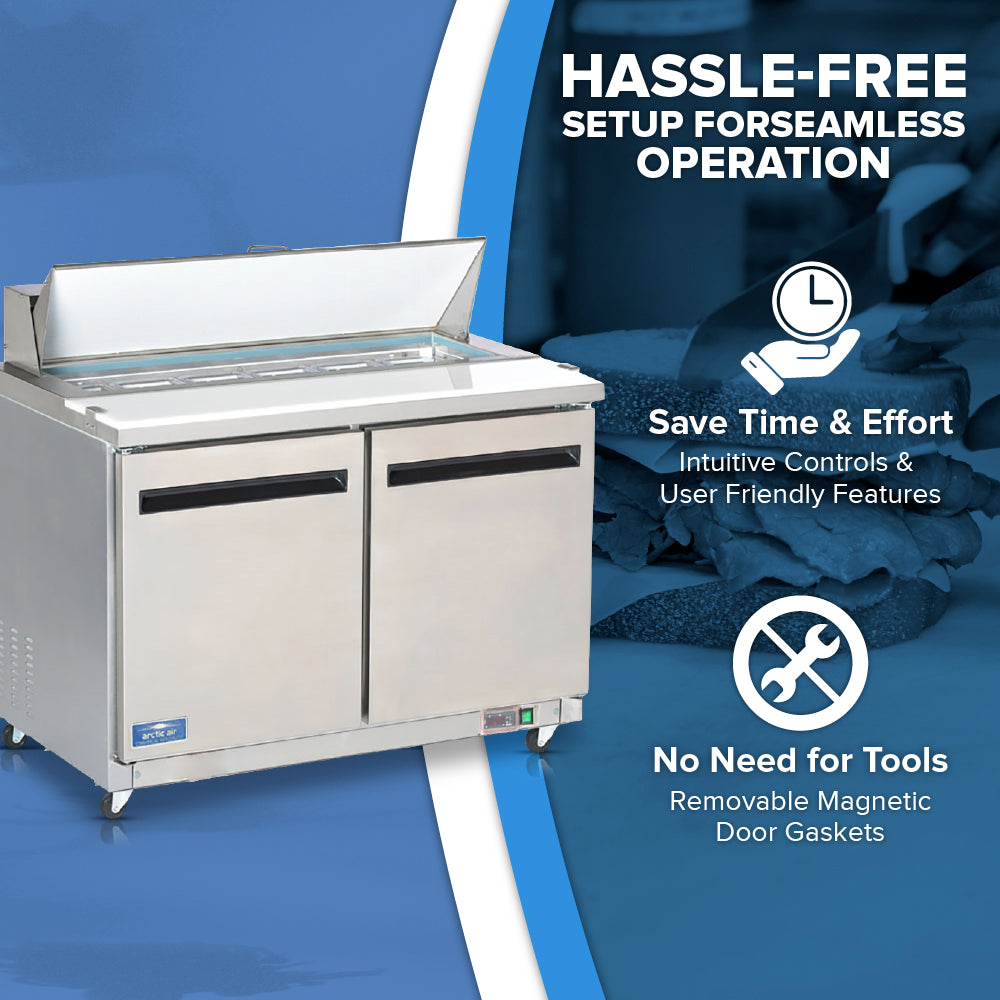 A stainless steel Arctic Air AST48R salad prep table with two doors stands open on the left. On the right, text highlights “Hassle-Free Setup,” “Save Time & Effort,” and “No Need for Tools,” with icons on a blue background.