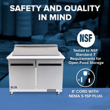A commercial Arctic Air AST48R sandwich prep table with two doors and a raised cutting surface is in a kitchen setting. Text reads: “SAFETY AND QUALITY IN MIND,” “NSF Tested to NSF Standard 7,” and “8’ CORD WITH NEMA 5-15P PLUG.”.
