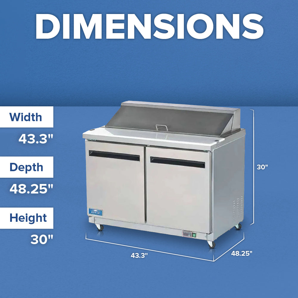 A commercial stainless steel Arctic Air AST48R salad prep table with two doors stands against a blue background. White text lists its dimensions: width 43.3, depth 48.25, and height 30, with dashed lines marking measurements on the unit.
