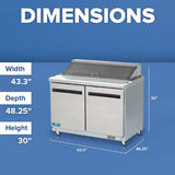 A commercial stainless steel Arctic Air AST48R salad prep table with two doors stands against a blue background. White text lists its dimensions: width 43.3, depth 48.25, and height 30, with dashed lines marking measurements on the unit.
