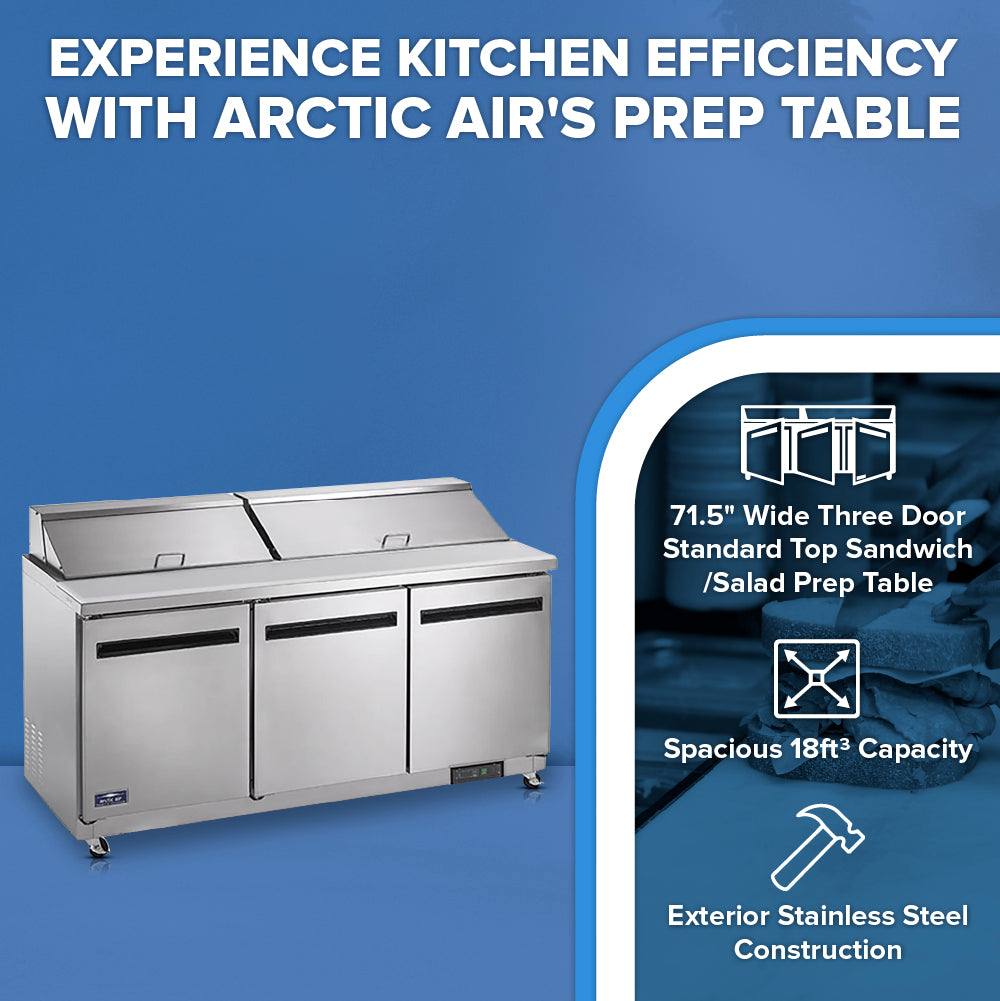 An Arctic Air AST72R sandwich prep table is shown on a blue background. Text highlights its 71.5-inch width, spacious 18-cubic-foot capacity, and stainless steel construction for preparing sandwiches and salads.