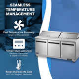 A commercial stainless steel Arctic Air AST72R refrigerator with three doors is on the right. On the left, text highlights features: seamless temperature management, fast recovery, digital display accuracy, and a 33–41°F range—perfect for any salad prep table.