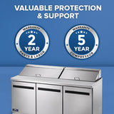 A three-door Arctic Air AST72R sandwich prep table with a stainless steel finish is shown against a blue background. Above it, two warranty badges indicate “2 Year Parts & Labor” and “5 Year Compressor.” White text reads, “Valuable Protection & Support.”.