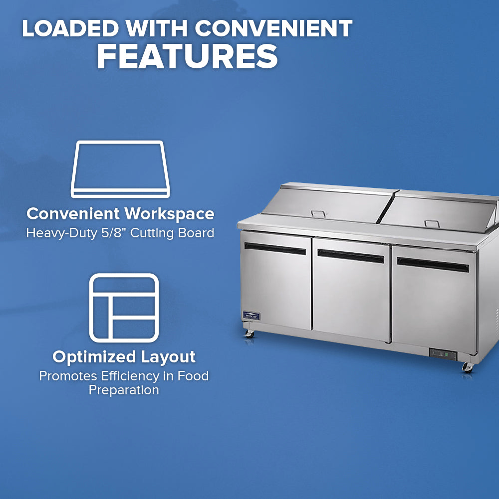 A stainless steel Arctic Air AST72R salad prep table with three doors and two lifted lids is shown on the right. On the left, text highlights its features: Convenient Workspace—Heavy-Duty 5/8 Cutting Board and Optimized Layout for efficient prep.