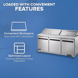 A stainless steel Arctic Air AST72R salad prep table with three doors and two lifted lids is shown on the right. On the left, text highlights its features: Convenient Workspace—Heavy-Duty 5/8 Cutting Board and Optimized Layout for efficient prep.