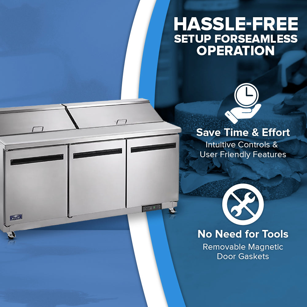 A commercial stainless steel Arctic Air AST72R refrigerator with three doors is shown on a blue background. Icons highlight features: a clock for Save Time & Effort and a wrench for No Need for Tools—ideal for any sandwich prep table setup.