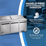 A commercial stainless steel Arctic Air AST72R refrigerator with three doors is shown on a blue background. Icons highlight features: a clock for Save Time & Effort and a wrench for No Need for Tools—ideal for any sandwich prep table setup.
