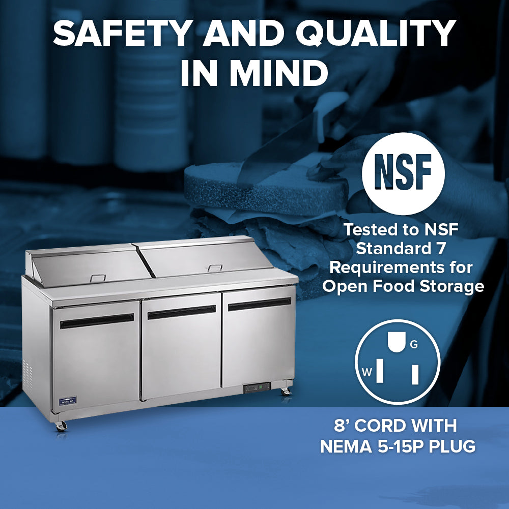 A commercial stainless steel refrigerator, like the Arctic Air AST72R salad prep table, with three doors is centered below text describing its NSF certification for food storage and 8-foot cord with NEMA 5-15P plug. A faded background shows hands cleaning a surface.