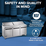 A commercial stainless steel refrigerator, like the Arctic Air AST72R salad prep table, with three doors is centered below text describing its NSF certification for food storage and 8-foot cord with NEMA 5-15P plug. A faded background shows hands cleaning a surface.