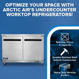 An Arctic Air AUC48R refrigerated work top counter is shown on a blue background. Text above and beside it highlights features: Spacious 10.1 cu. ft. Capacity, “Durable Stainless Steel Exterior Construction,” and “Heavy Duty Worktop Surface.”.