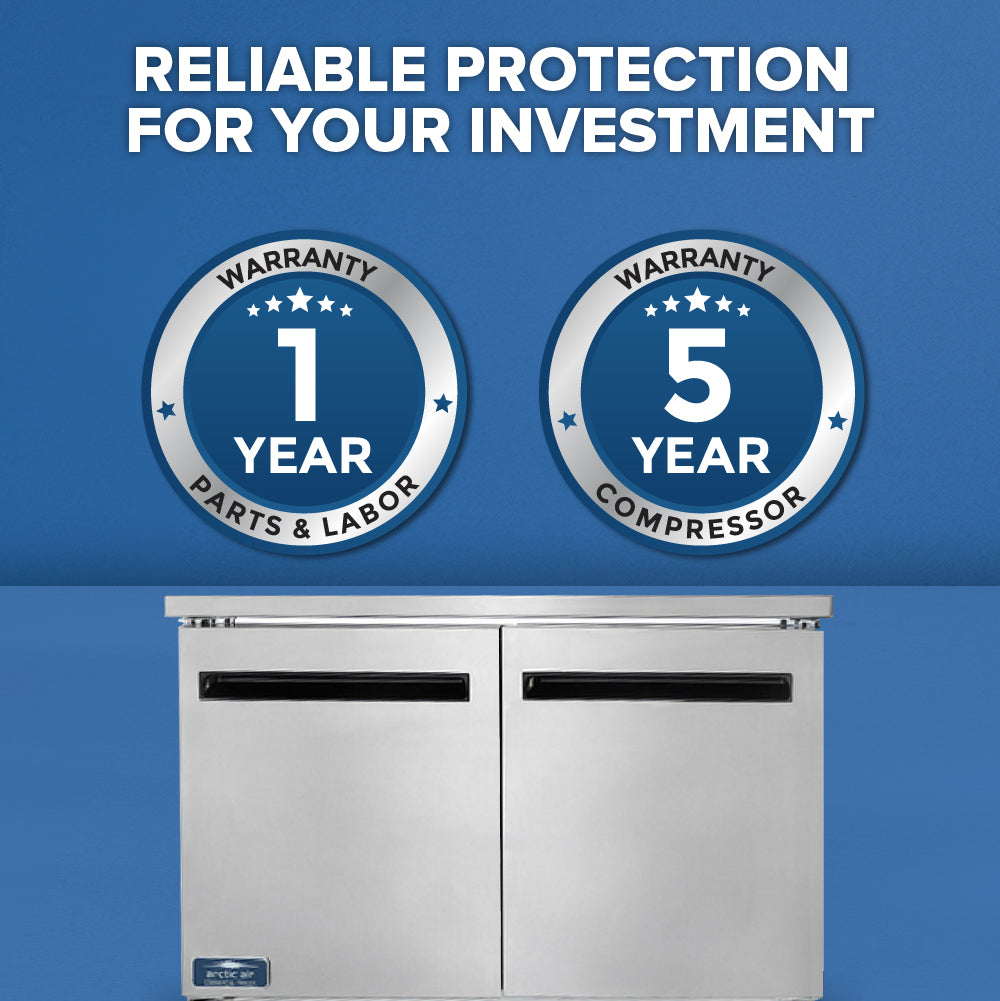 A stainless steel Arctic Air AUC48R refrigerated work top counter sits below two circular warranty badges. The left badge reads “1 Year Parts & Labor,” and the right reads “5 Year Compressor.” Bold text above states, “Reliable Protection For Your Investment.”.