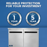 A stainless steel Arctic Air AUC48R refrigerated work top counter sits below two circular warranty badges. The left badge reads “1 Year Parts & Labor,” and the right reads “5 Year Compressor.” Bold text above states, “Reliable Protection For Your Investment.”.