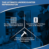 A blue-tinted image shows chefs near an Arctic Air AUC48R reach-in refrigerator. Overlay text highlights features: two adjustable epoxy shelves, solid doors that stay open at 90°, and a white epoxy steel liner with stainless steel floor.