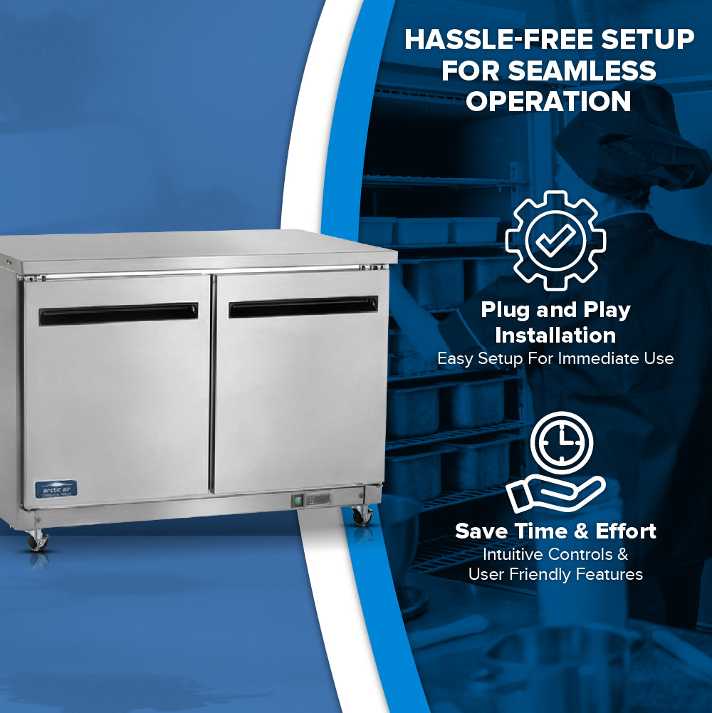 A stainless steel Arctic Air AUC48R reach-in refrigerator with two doors stands on wheels. Text highlights “Hassle-free setup for seamless operation,” with icons for “Plug and Play Installation” and “Save Time & Effort.” Chef works in the background.