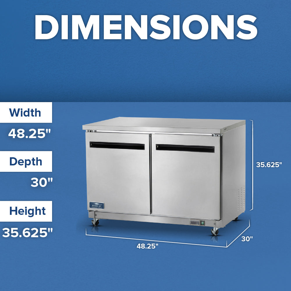 A stainless steel, two-door Arctic Air AUC48R refrigerated work top counter is shown against a blue background. White labels display its dimensions—width 48.25 inches, depth 30 inches, height 35.625 inches—with lines highlighting each measurement.