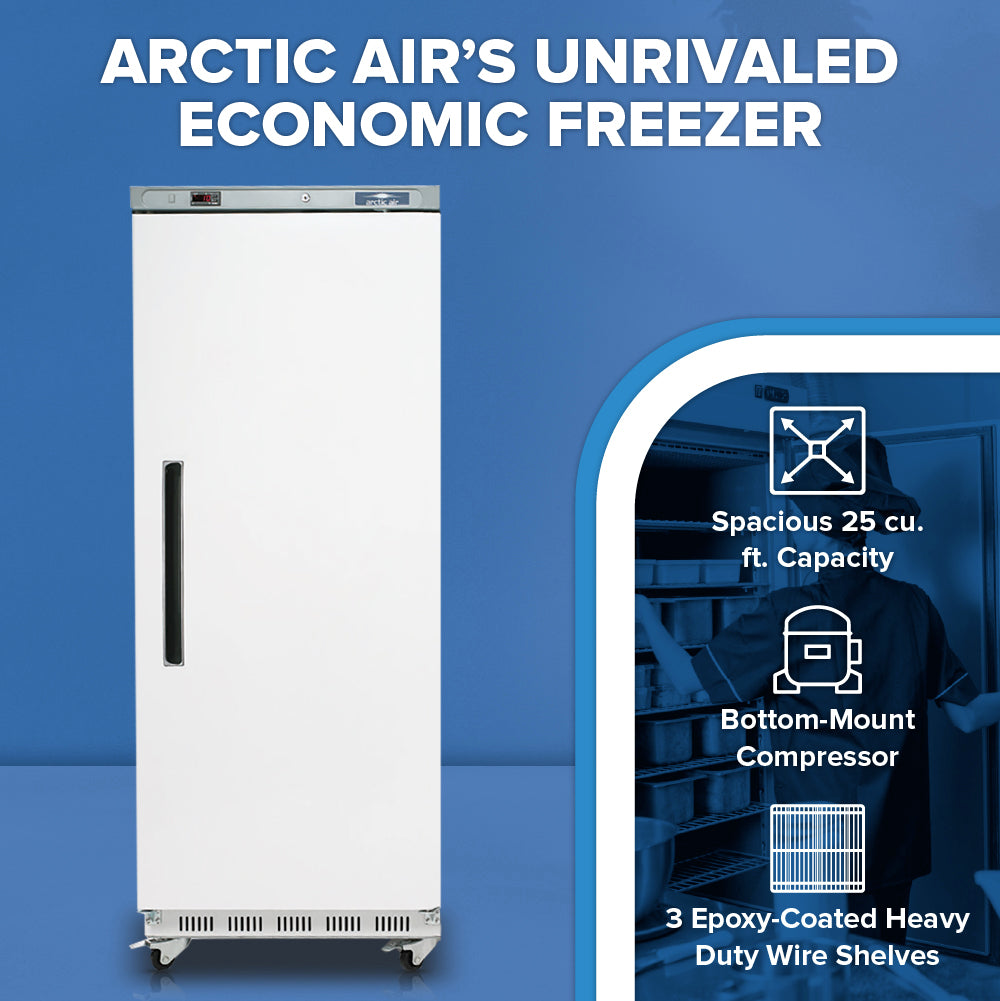 A tall, white Arctic Air AWF25 commercial freezer with a black handle stands on wheels. Text highlights features: “Spacious 25 cu. ft. capacity,” “Bottom-mount compressor,” and “3 heavy-duty shelves.” Blue background and freezer interior image to the right.
