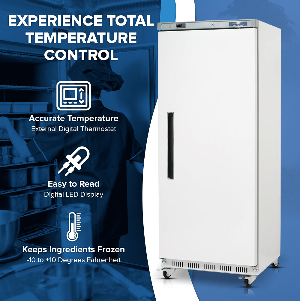 A tall, white commercial freezer stands on a blue background. Text highlights features: Accurate Temperature, Easy to Read, Keeps Ingredients Frozen. Icons show a thermostat, LED display, and freezing range of -10 to +10°F. A person prepares food in the background.