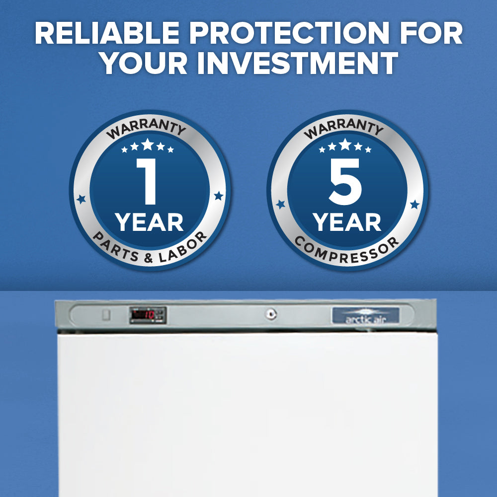 A blue and white ad shows a commercial freezer with two warranty badges: 1 Year Warranty Parts & Labor and 5 Year Warranty Compressor. Above, bold text reads, RELIABLE PROTECTION FOR YOUR INVESTMENT.
