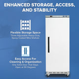 A tall, white single-door reach-in freezer stands upright with a black vertical handle. Text highlights features: flexible storage space with three adjustable wire shelves, and easy access with a solid door that stays open at 90 degrees. Blue background.