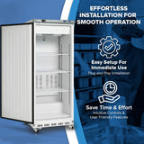 A commercial reach-in freezer with its door open reveals empty shelves. Blue overlay highlights text: “EFFORTLESS INSTALLATION FOR SMOOTH OPERATION,” “Easy Setup—Plug and Play Installation,” and “Save Time & Effort—User Friendly Features.”.