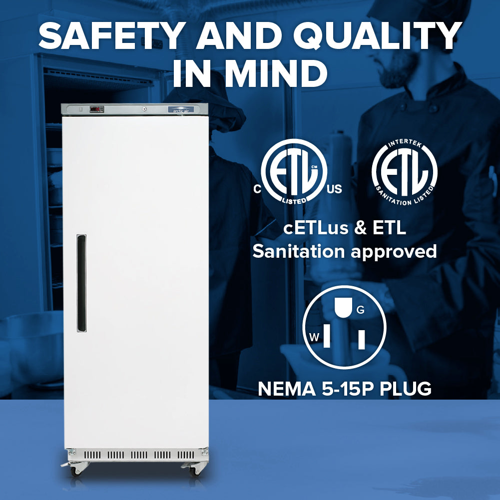 A white upright commercial freezer stands in a blue-tinted kitchen. Text reads, “Safety and Quality in Mind.” ETL and sanitation certification logos and a diagram of a NEMA 5-15P plug appear, with text: “cETLus & ETL Sanitation approved NEMA 5-15P plug.”.