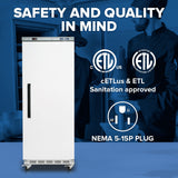 A white upright commercial freezer stands in a blue-tinted kitchen. Text reads, “Safety and Quality in Mind.” ETL and sanitation certification logos and a diagram of a NEMA 5-15P plug appear, with text: “cETLus & ETL Sanitation approved NEMA 5-15P plug.”.