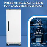 A white, single-door Arctic Air commercial refrigerator stands on wheels against a blue background. Features are listed beside it: “Spacious 25 cu. ft. Capacity,” “Bottom-Mount Compressor,” and “3 Epoxy-Coated Heavy Duty Wire Shelves.”.