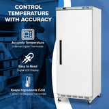 A tall, white 25 cu. ft. commercial refrigerator stands on wheels next to blue graphics highlighting its features: accurate temperature with a digital thermostat, easy-to-read LED display, and a 33–41°F cooling range. Control Temperature With Accuracy.