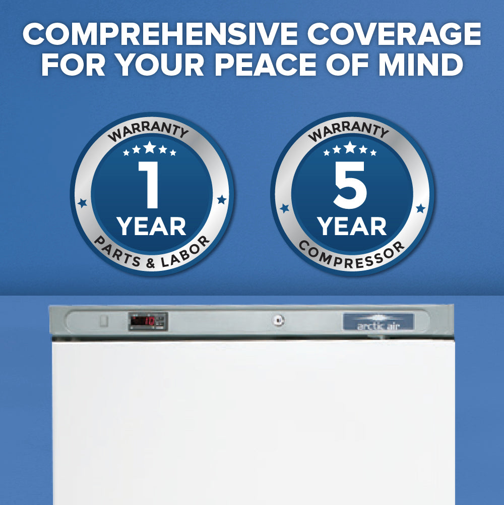 A white commercial refrigerator with a digital display and Arctic Air logo appears below text stating, Comprehensive coverage for your peace of mind. Two badges show a 1-year parts & labor warranty and a 5-year compressor warranty, all on a blue background.