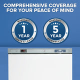A white commercial refrigerator with a digital display and Arctic Air logo appears below text stating, Comprehensive coverage for your peace of mind. Two badges show a 1-year parts & labor warranty and a 5-year compressor warranty, all on a blue background.