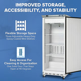 A commercial reach-in refrigerator with three adjustable wire shelves is shown with its solid door open at 90 degrees. Text highlights features: flexible storage space, easy access for cleaning, and organization. Blue background with white icons and bold headings.